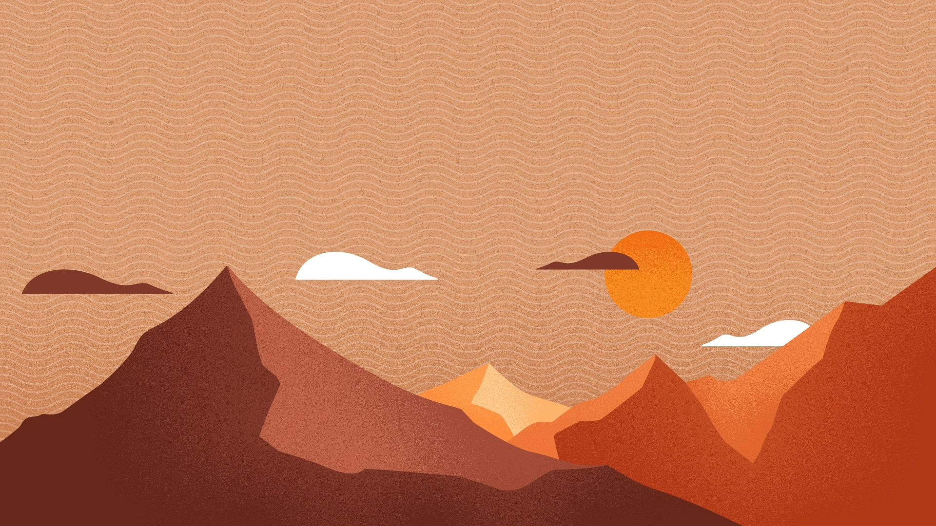 Stylized illustration of a mountain range with an orange sun and scattered clouds against a textured beige sky.